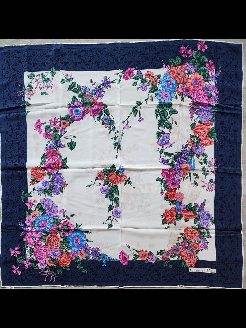 Auth Dior Floral Silk Scarf in Navy, White, Pink, Red, Blue, Green, Purple
